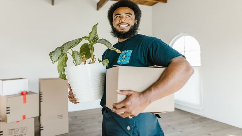 A man carrying a cardboard box and a plant